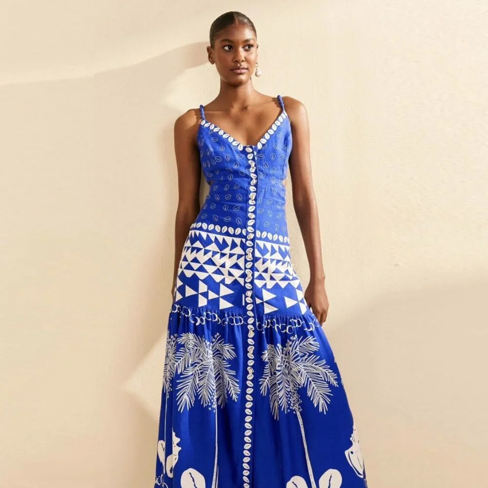 Farm Rio Mixed Ondina Blue Midi Cut out Ruched Sided Buttoned Down Maxi Dress - Picture 2 of 16